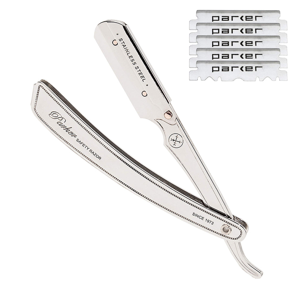 Parker SRX rasoir droit en acier inox, équilibre et durabilité pour un rasage précis.