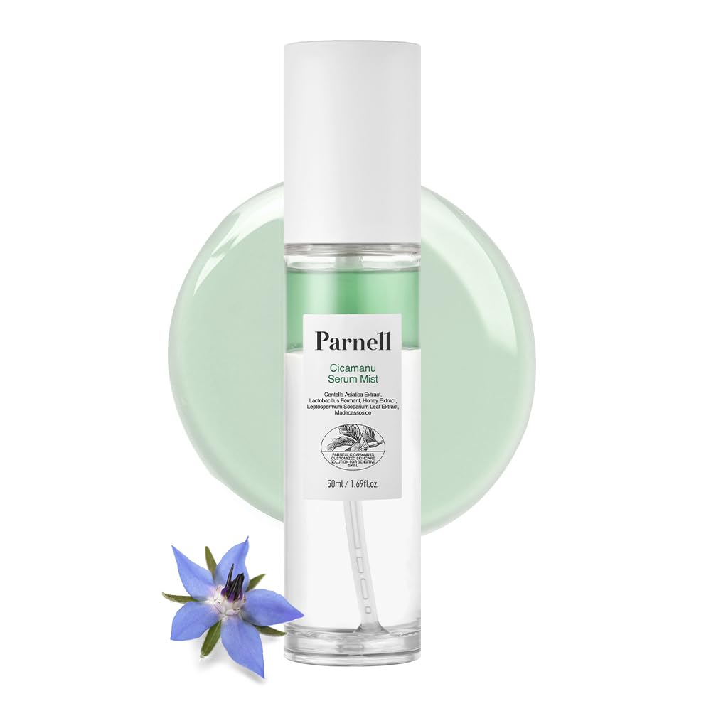 Parnell Cicamanu Serum Mist — bouteille verte pour hydratation lumineuse.