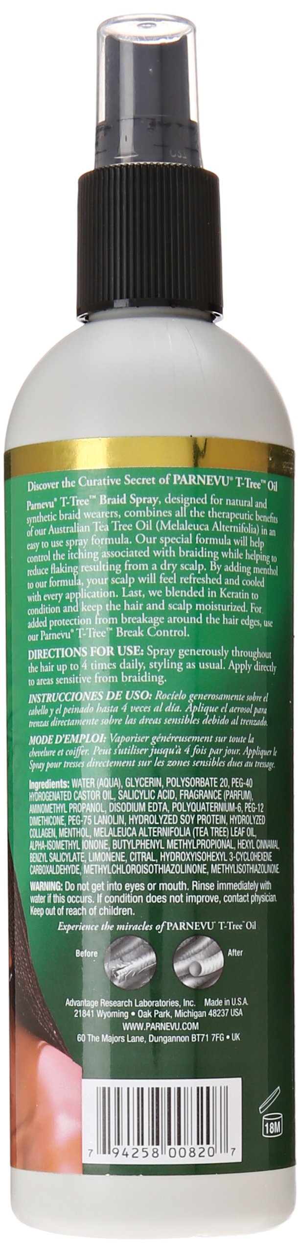 Parnevu T-Tree Braid Spray — Application: apaise le cuir chevelu et contrôle les démangeaisons.