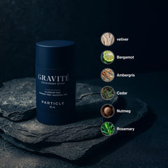 Particle Gravité Déodorant: emballage moderne évoquant élégance et performance.