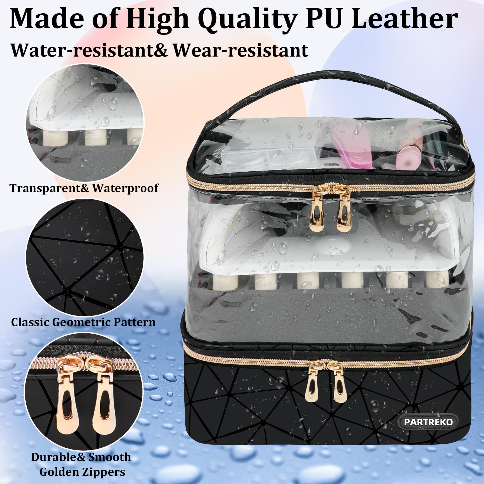 Partreko cuir PU imperméable et PVC transparent, matière durable et sûre.