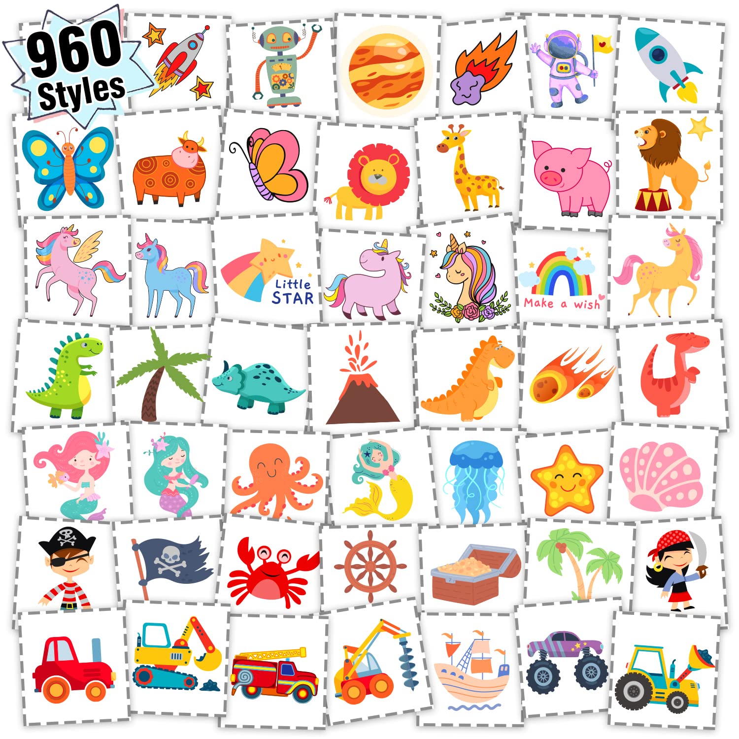 Tatouages Partywind pour enfants, ensemble coloré prêt à distribuer lors d'une fête.