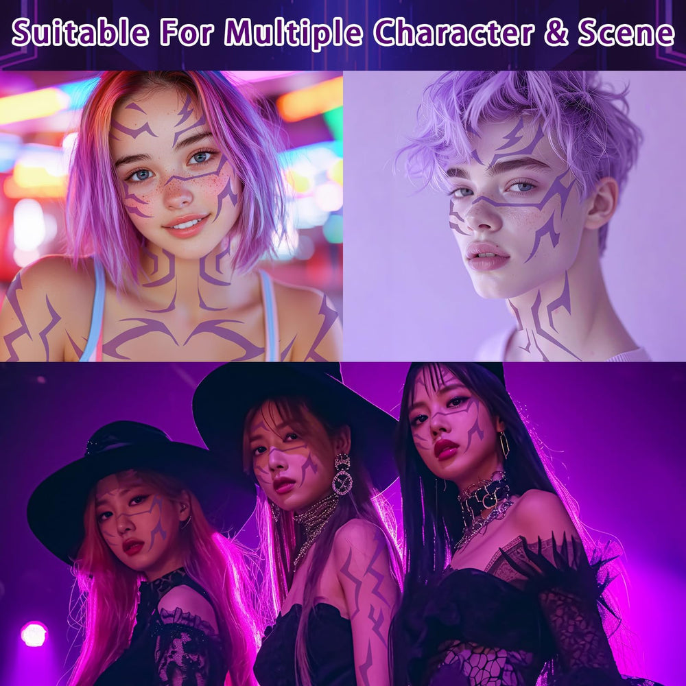 Tatouages Demon Party Greeting ensemble violet, parfait pour cosplay et concerts sans engagement réel.