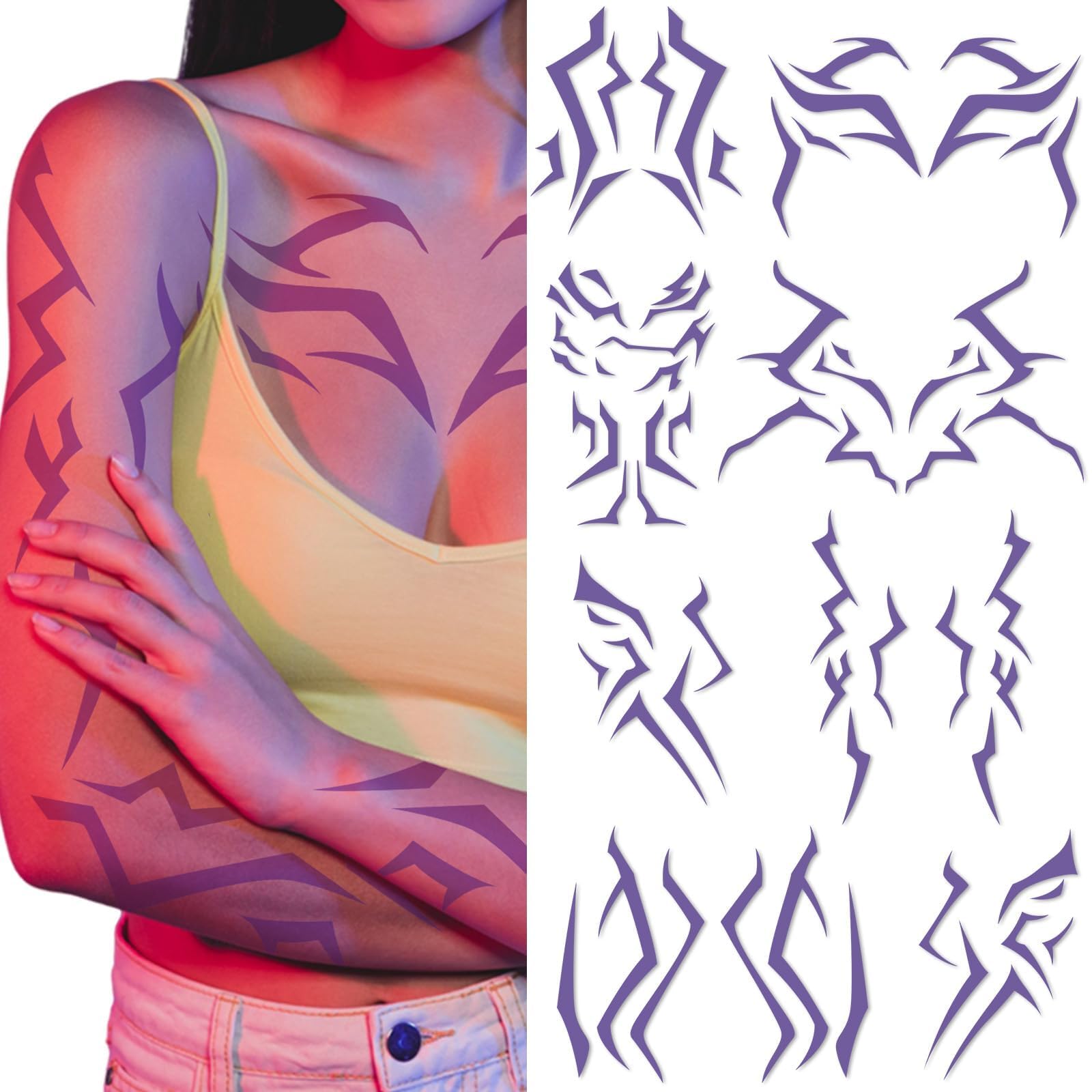 Tatouages Demon violets Party Greeting sur le visage, effet cosplay réaliste et waterproof.