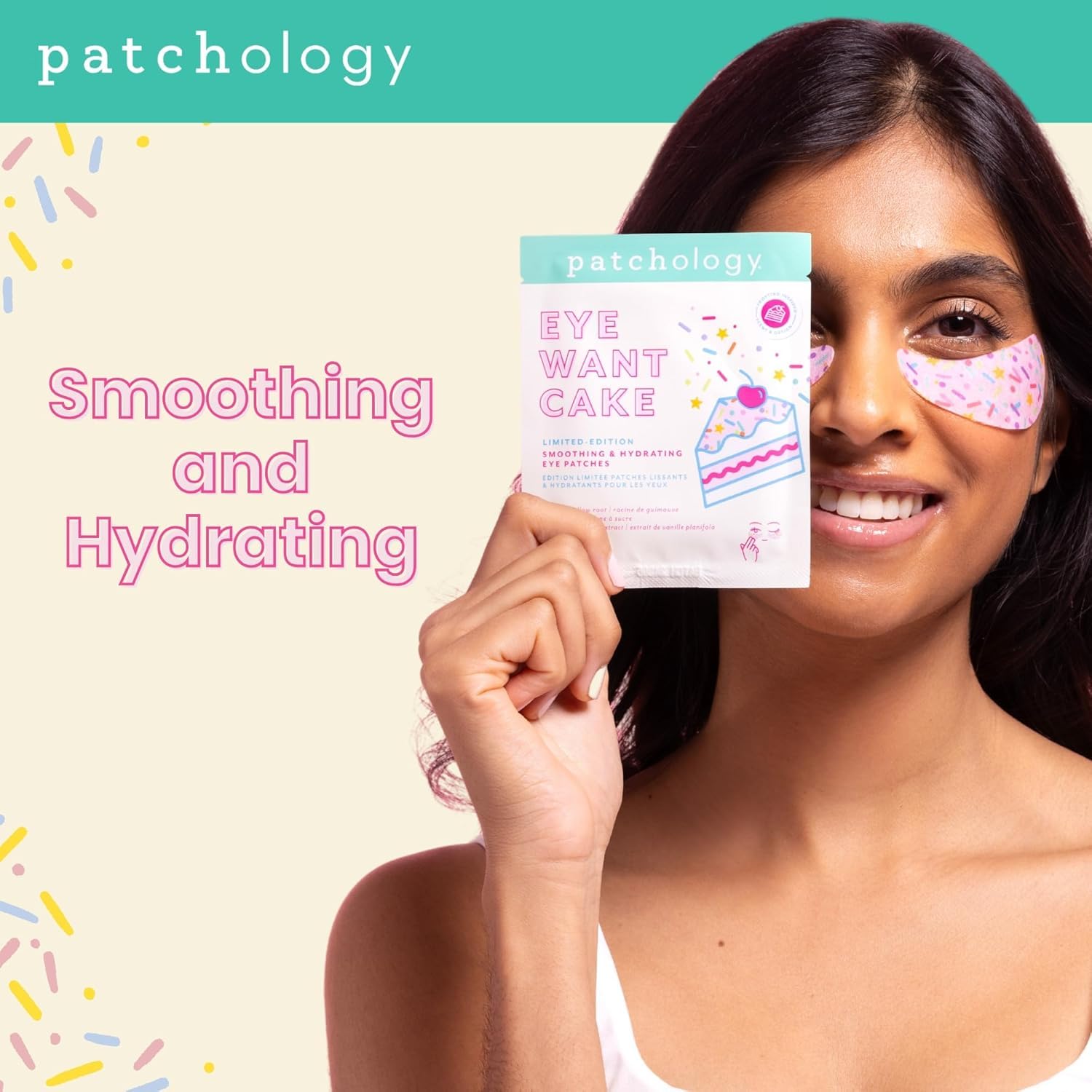 Patchology Gâteau Anniversaire Yeux – design paillettes pour routine ludique.