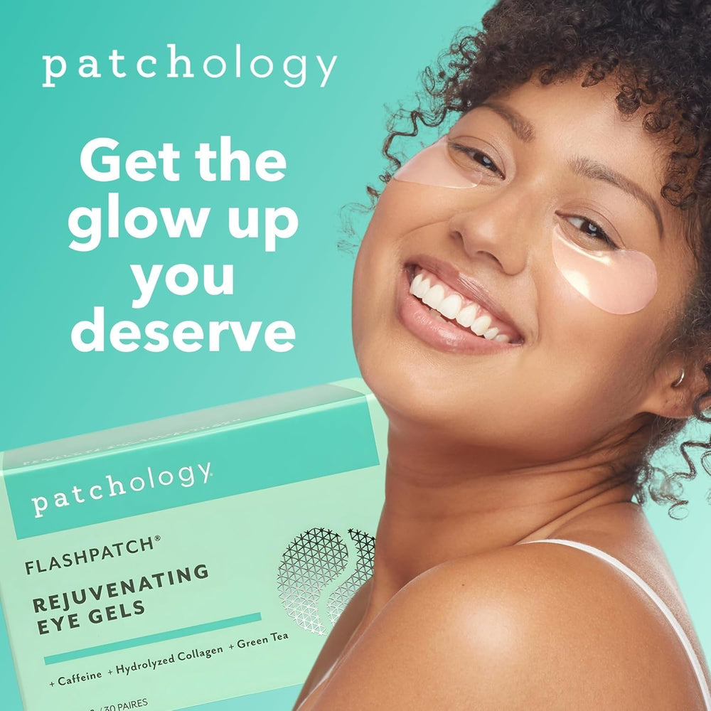 Patchology Hydrogel Yeux Caféine Collagène avec extrait de vert pour hydratation ciblée.