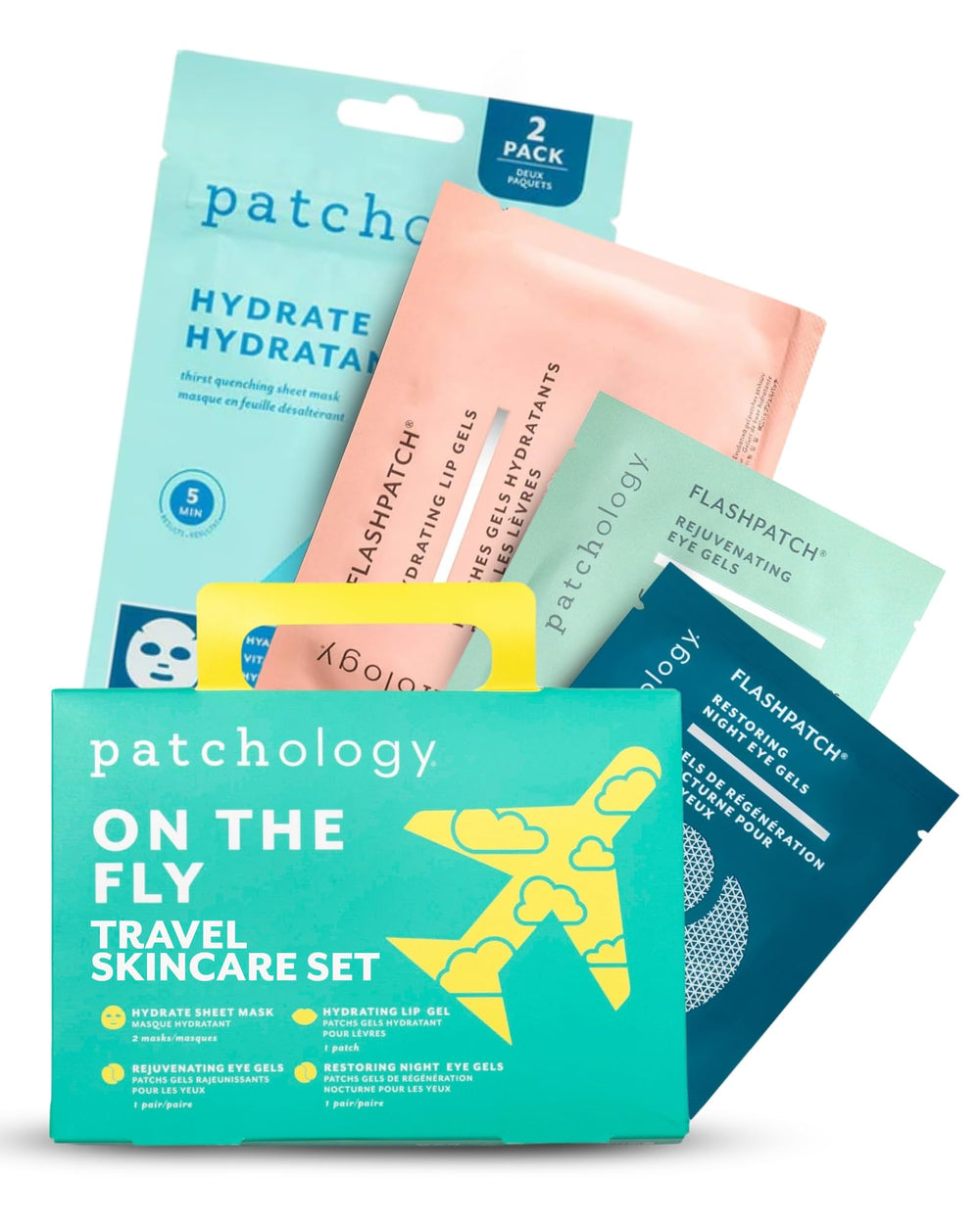 Patchology kit voyage hydratant visage: patches hydratants pour peau reposée et fraîche.