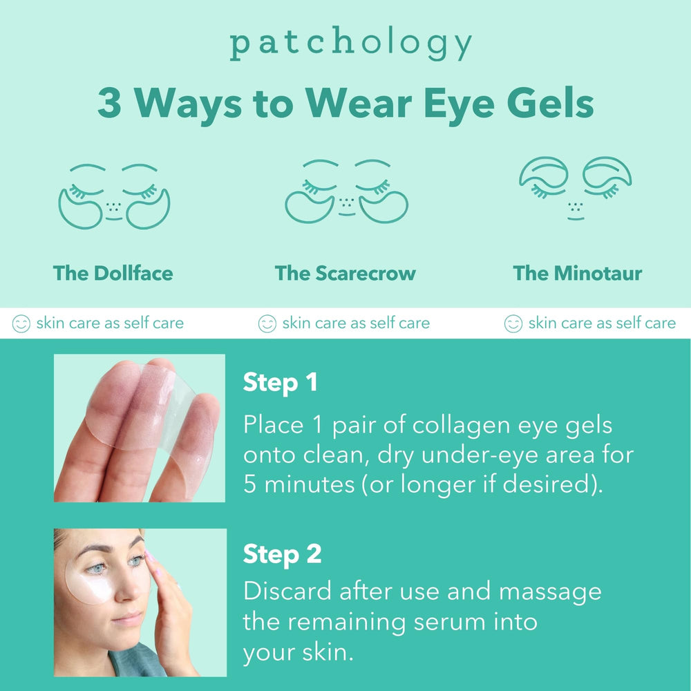 Patchology patches gel hydratation sous-yeux, peau plus souple et lumineuse.
