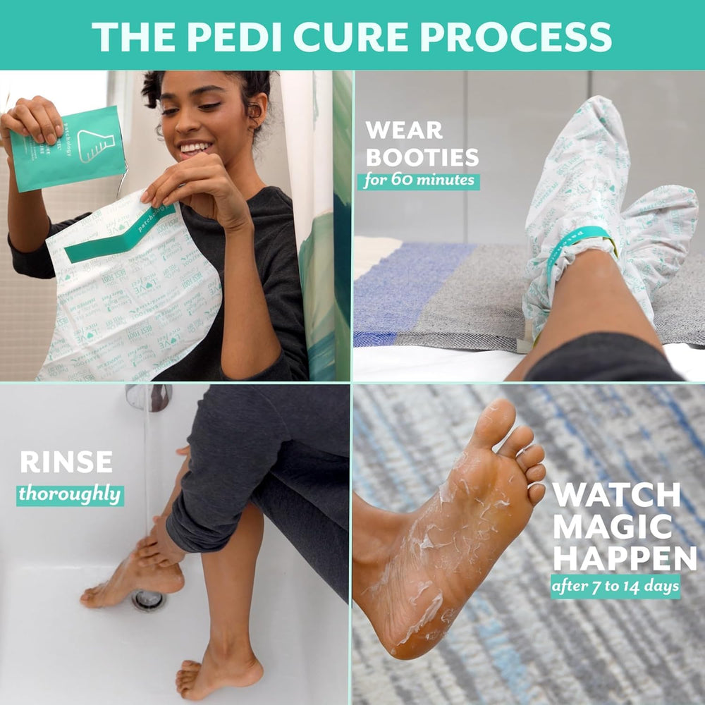 Patchology PoshPeel Pedi Cure – avant/après visibles après le traitement pédicure.