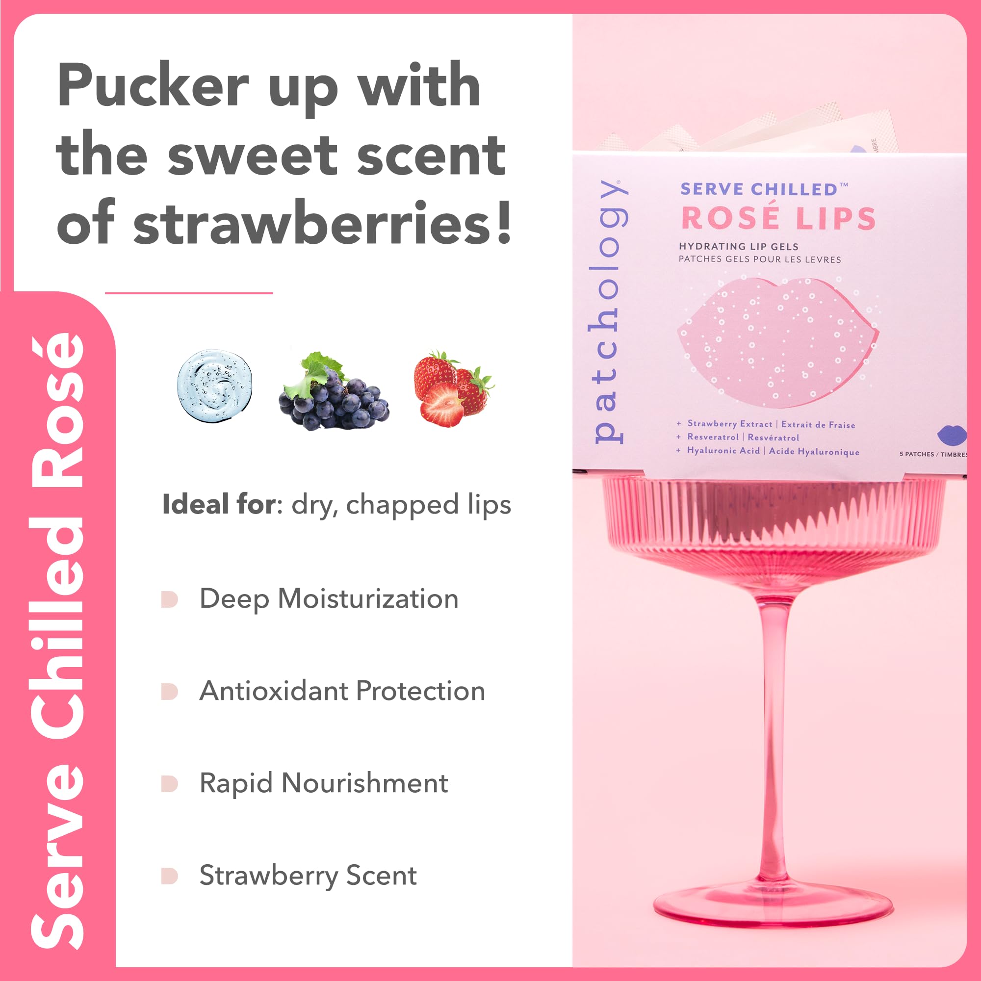 Patchology Serve Chilled Rosé Gel Lip Mask, parfum fraise frais et agréable.