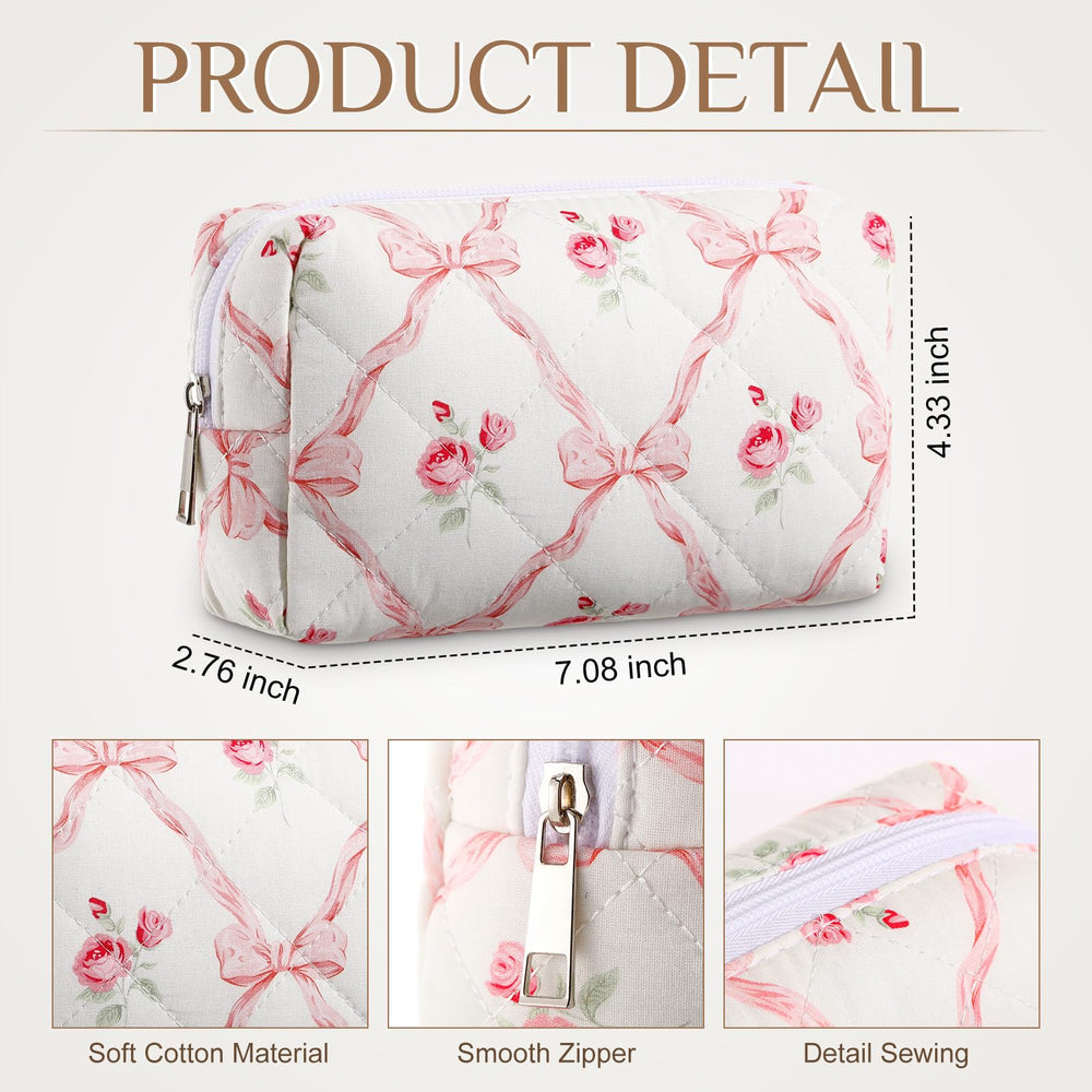 Paterr pochette cosmétiques quiltée fleurs rose, pratique pour voyage et sac à main.