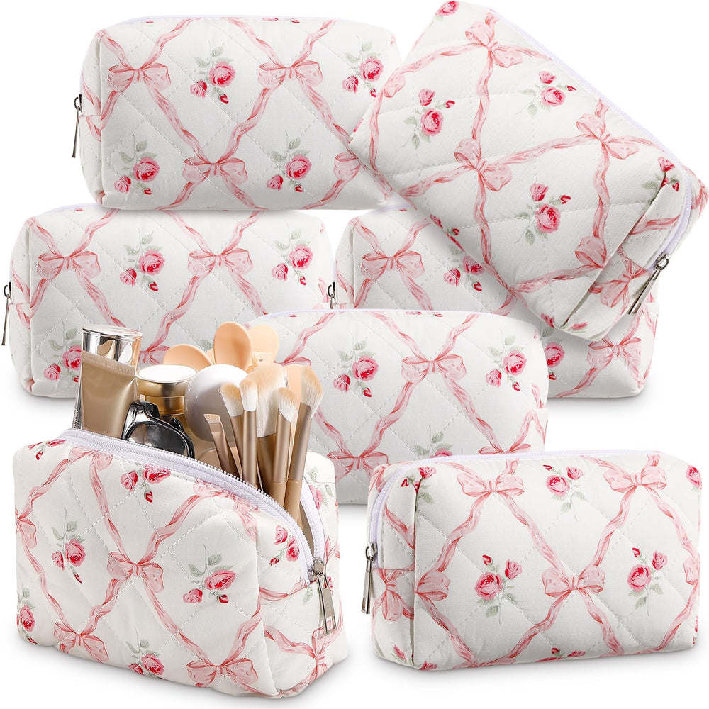Paterr sac maquillage quilté avec nœud rose, rangement élégant pour maquillage quotidien.