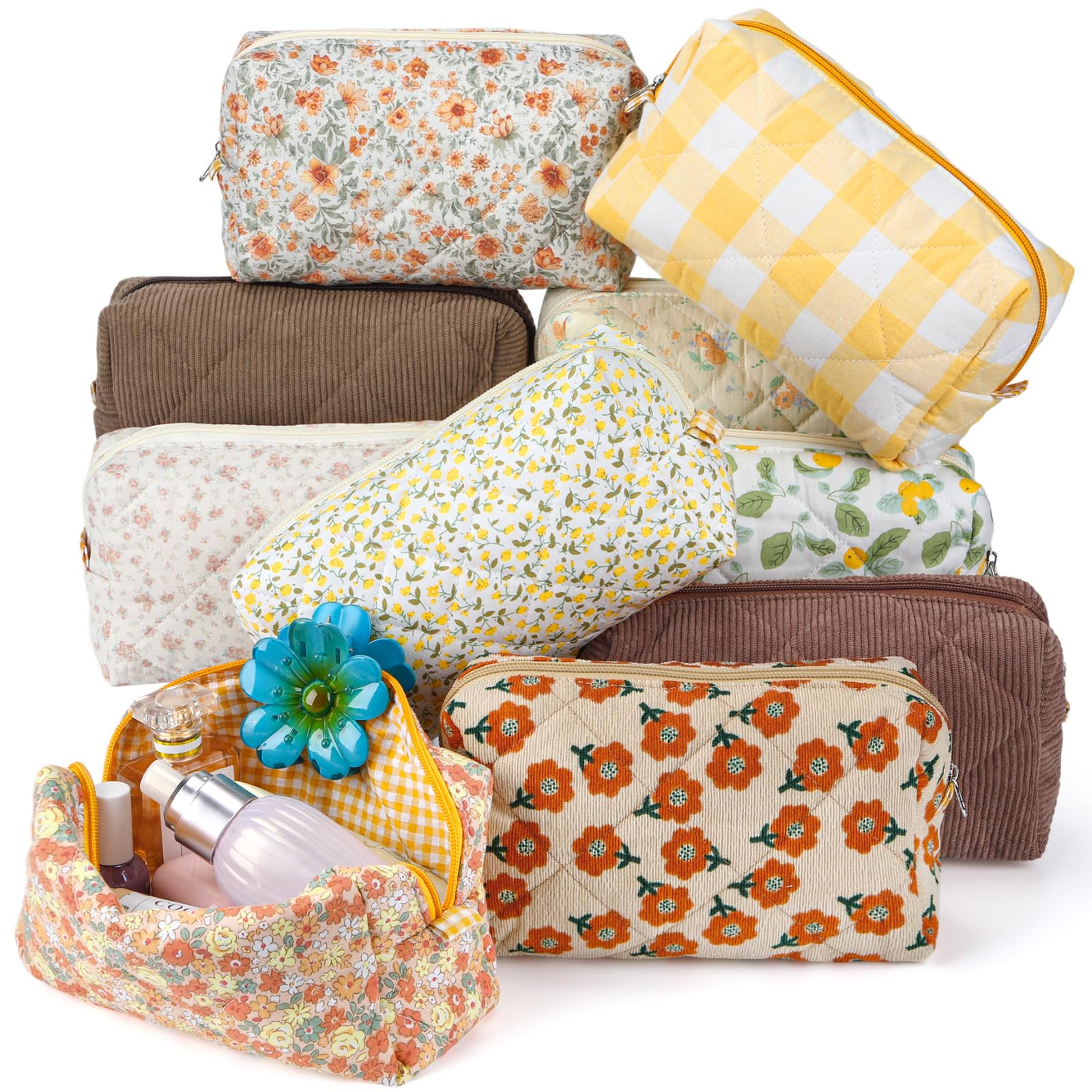 Paterr trousse maquillage quiltée fleur jaune, organisation pratique pour sac à main et voyage.