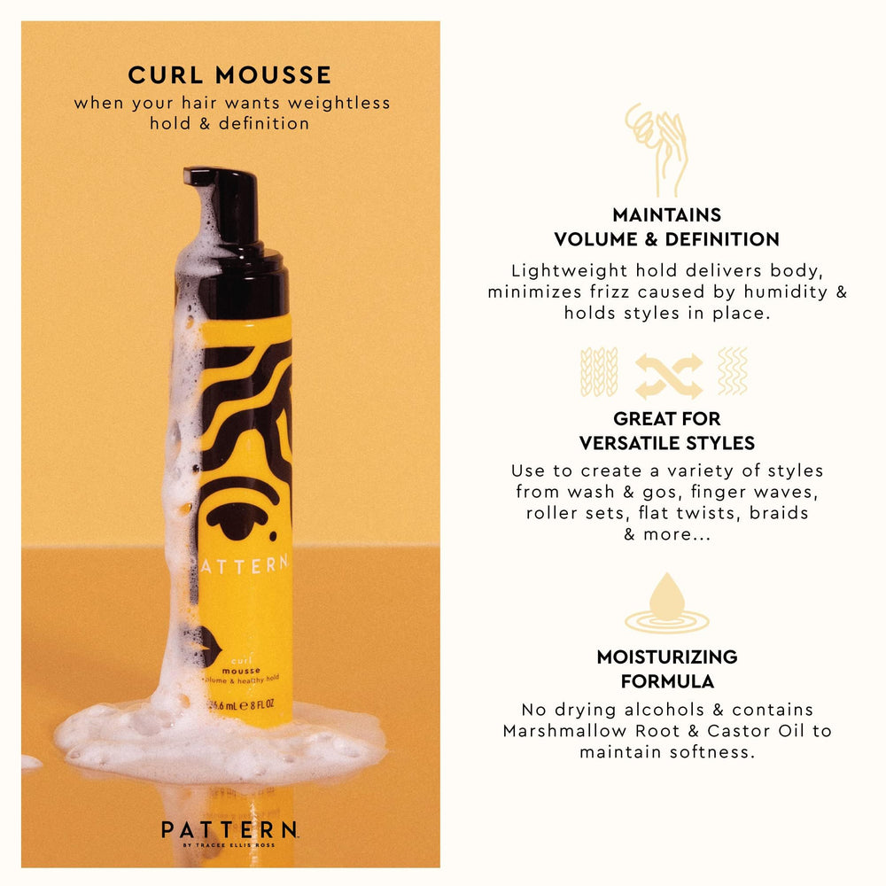 PATTERN Beauty Curl Mousse, tenue légère pour lavage et coiffage sans effort.