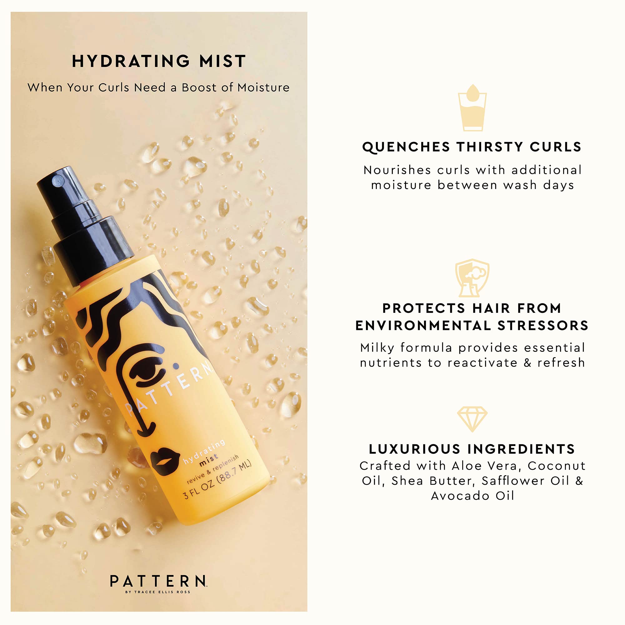PATTERN application sur cheveux bouclés, spray léger pour revitaliser.