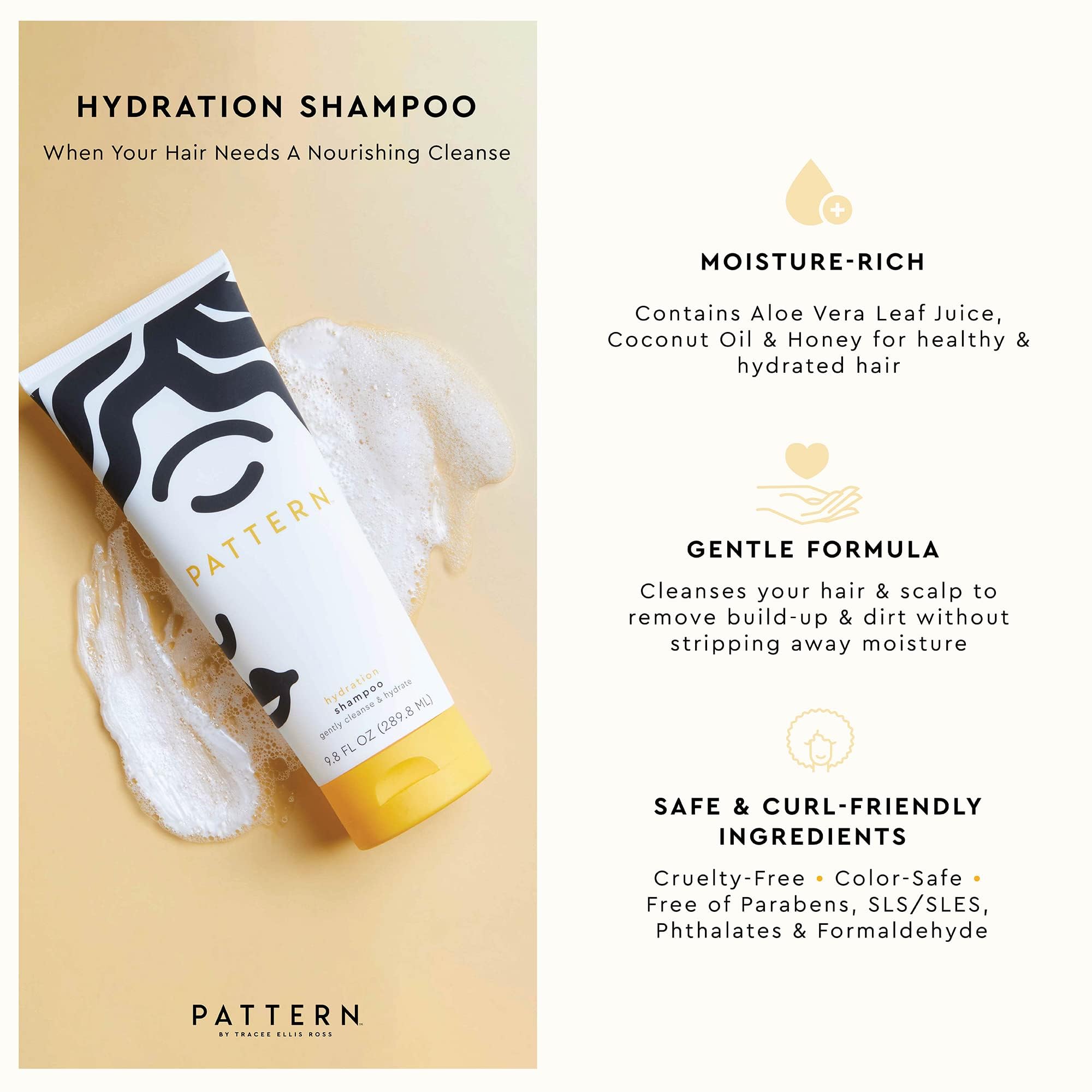 PATTERN Shampoing hydratant, mousse douce lavant sans dessécher les longueurs.
