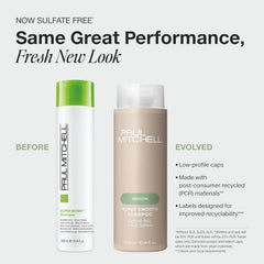 Après-shampoing Paul Mitchell, bouteille élégante, adoucit les fibres et protège les cheveux.