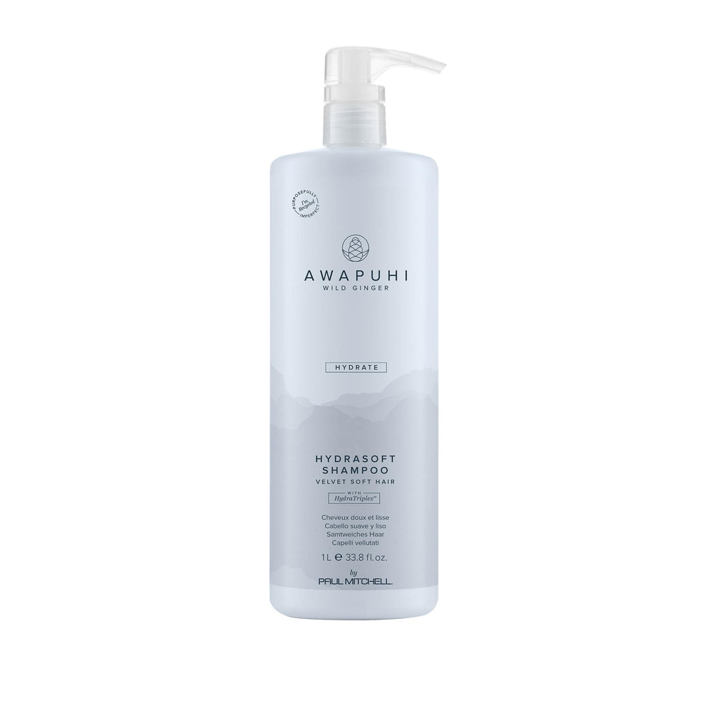 Awapuhi Wild Ginger HydraSoft Shampoo – bouteille lumineuse offrant hydratation et brillance.
