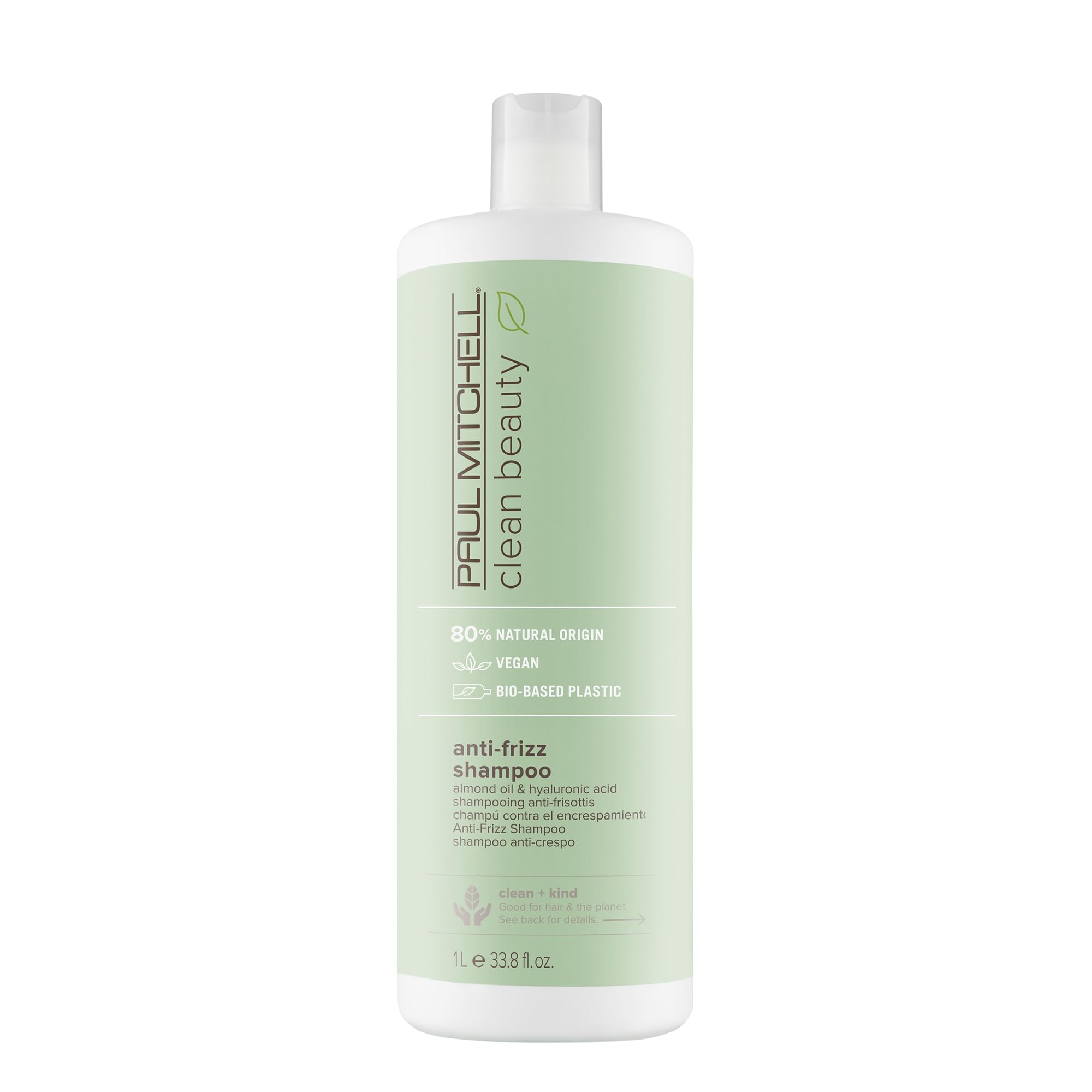 Paul Mitchell Clean Beauty Anti-Frizz Shampoo, bouteille, cheveux plus lisses et maniables.