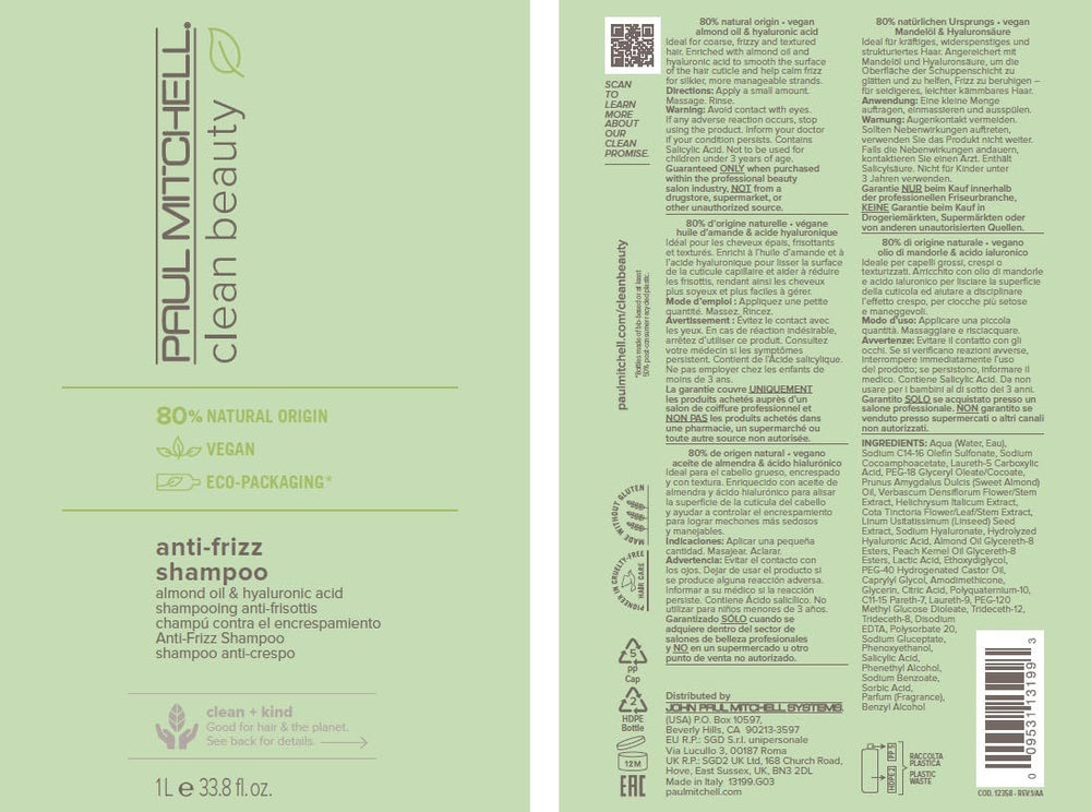 Paul Mitchell Clean Beauty Anti-Frizz Shampoo, emballage bio-sourcé à 90% canne à sucre.