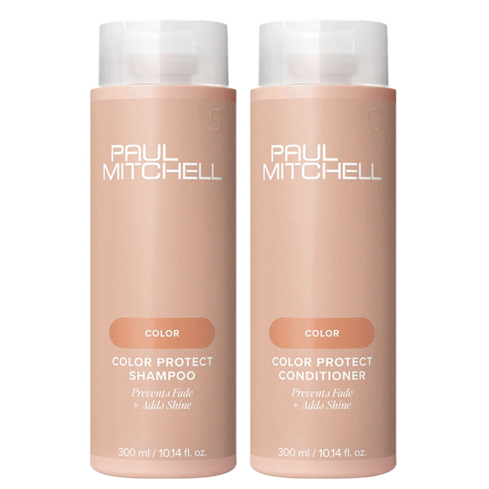 Shampoing Color Protect de Paul Mitchell, bouteille lumineuse pour protéger la couleur et renforcer les cheveux.