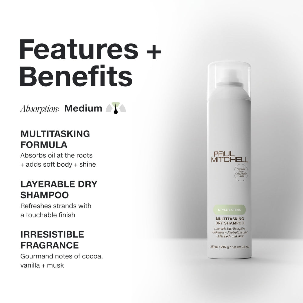 Paul Mitchell Multitasking Dry Shampoo apporte corps doux et brillance légère sur les longueurs.