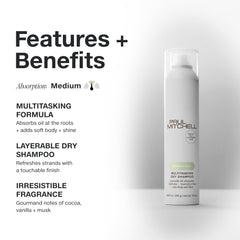 Paul Mitchell Multitasking Dry Shampoo apporte corps doux et brillance légère sur les longueurs.