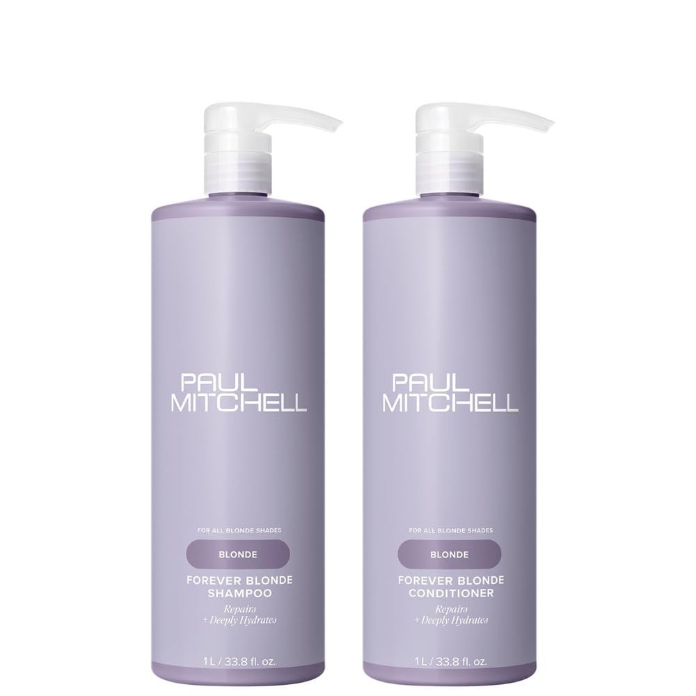Bouteille de Shampoing Forever Blonde Paul Mitchell pour cheveux blonds lumineux et réparés.