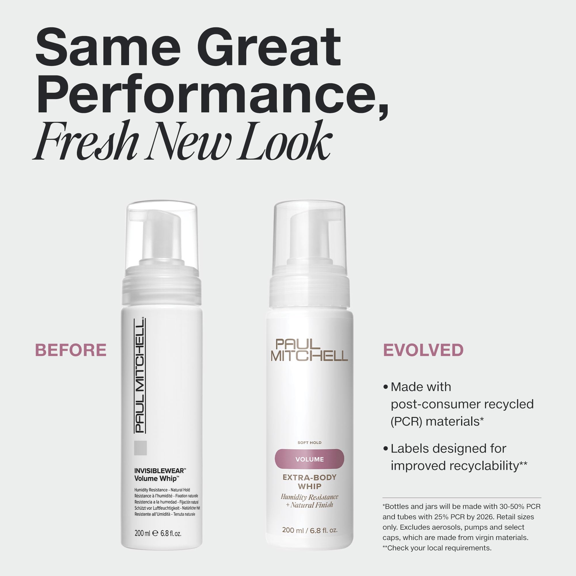 Emballage PCR de Paul Mitchell Invisiblewear Extra Body Whip, recyclable et respectueux de l’environnement.