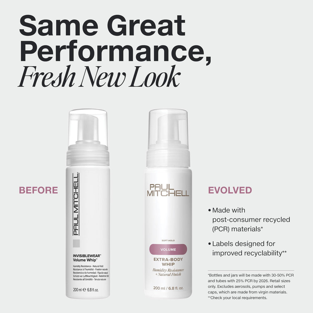 Emballage PCR de Paul Mitchell Invisiblewear Extra Body Whip, recyclable et respectueux de l’environnement.
