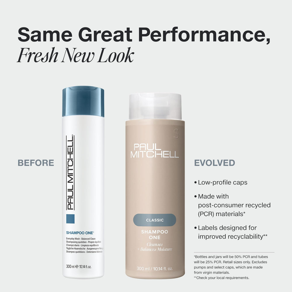 Paul Mitchell Shampoo One – bouteille-profil: formule légère qui nettoie sans alourdir les cheveux fins.