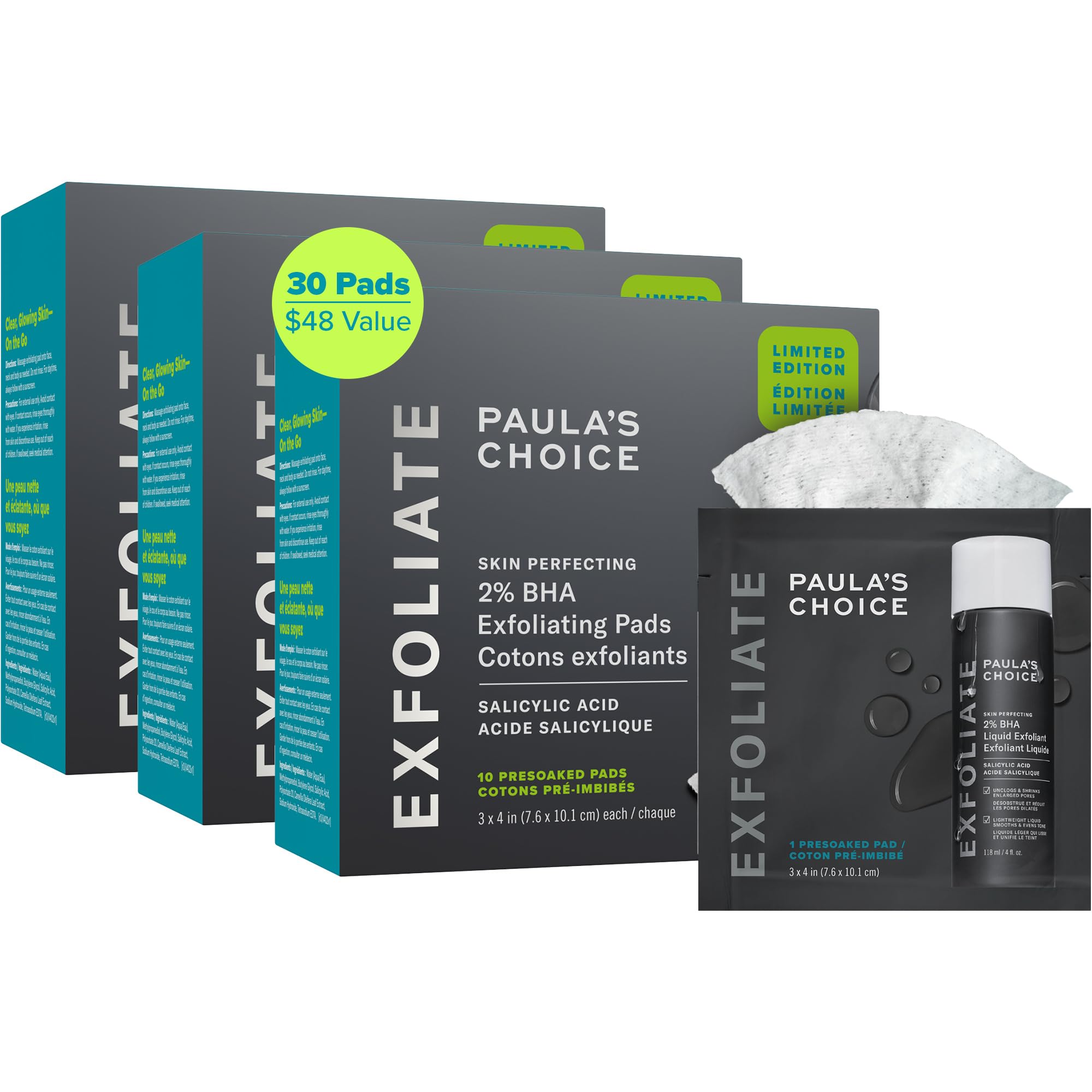 Paula's Choice 2% BHA Pads – boîte ensemble, pratique voyage et usage quotidien.