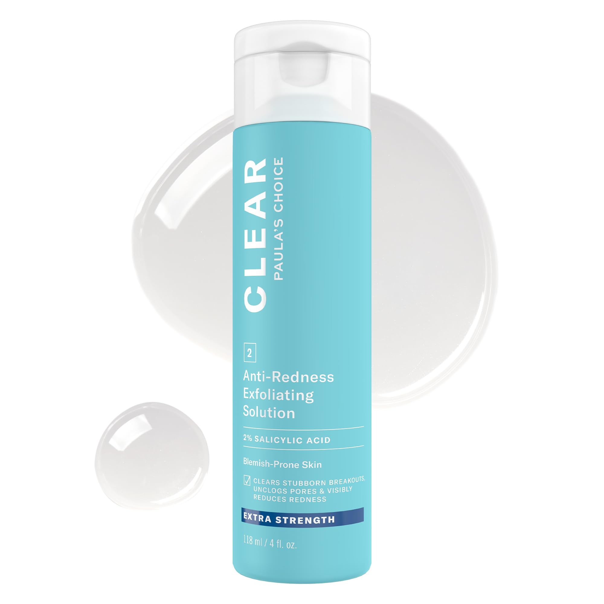 Paula's Choice CLEAR Exfoliant, bouteille visible, agit sur les pores et clarifie la peau.