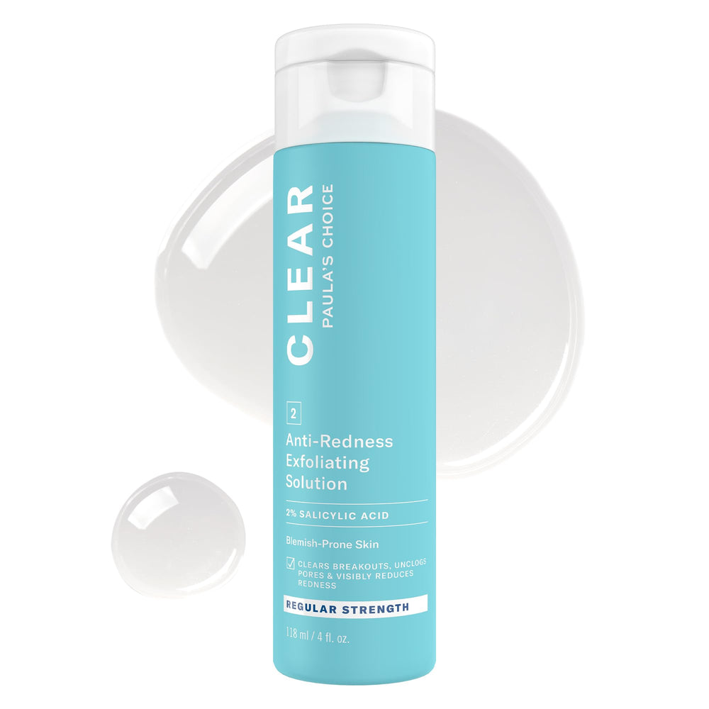 Paula's Choice CLEAR: bouteille en gros plan et texture légère adaptée peaux sensibles.