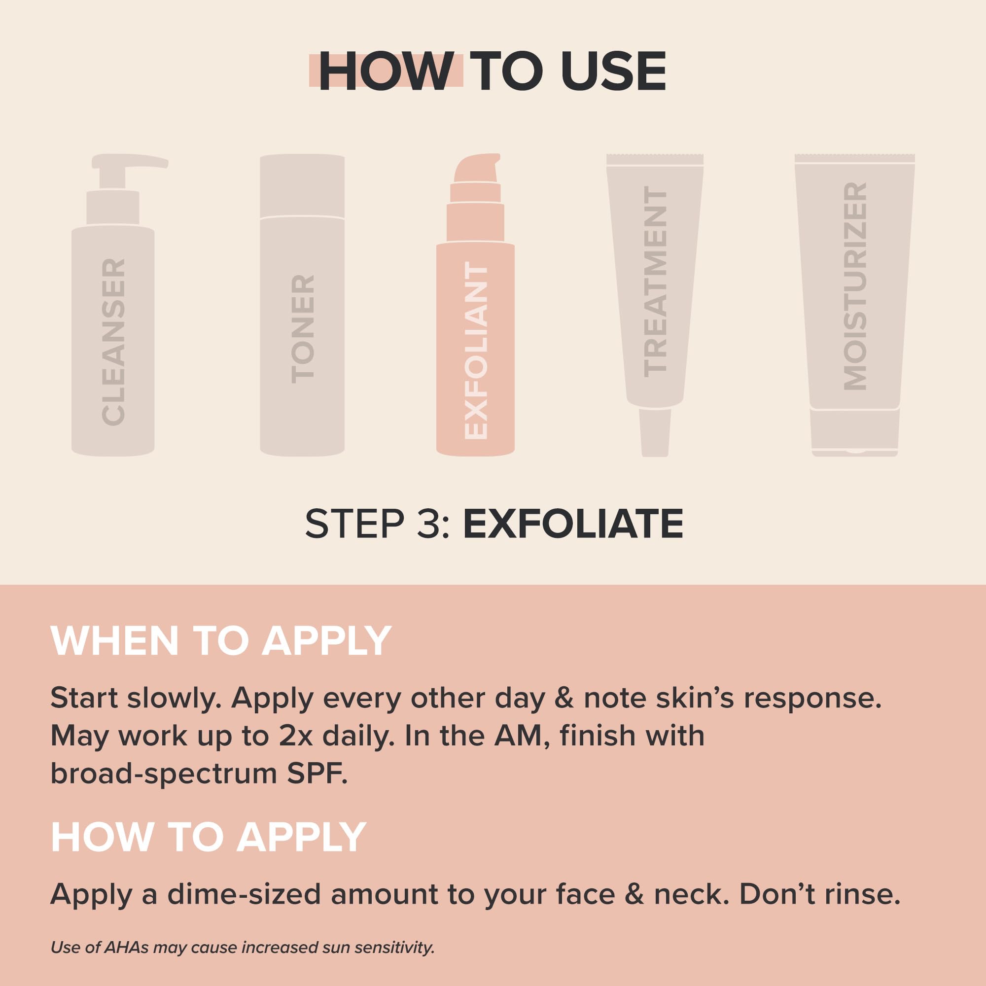 Texte rosé: gel exfoliant AHA au camomille et thé vert rafraîchissant