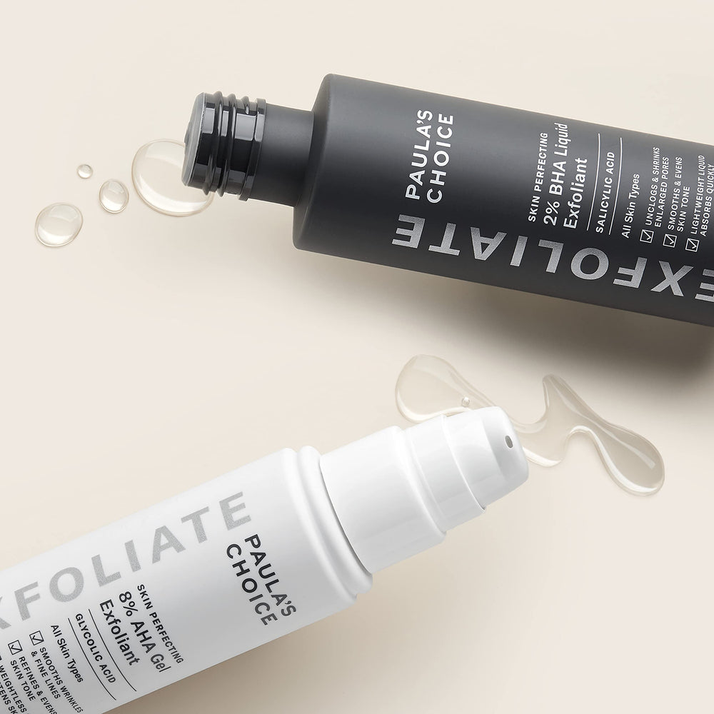 Paula's Choice Liquide BHA 2% en bouteille, pores visiblement affinés.
