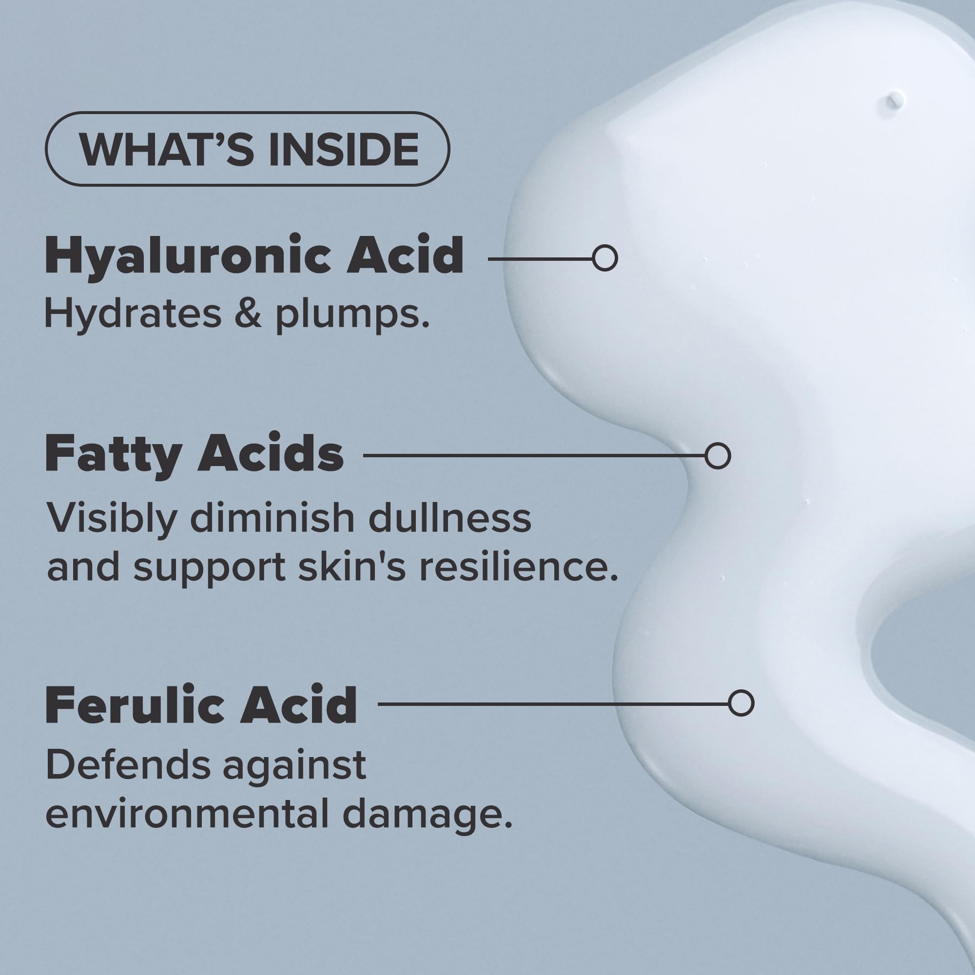 Acide hyaluronique pour hydratation durable et souplesse cutanée.