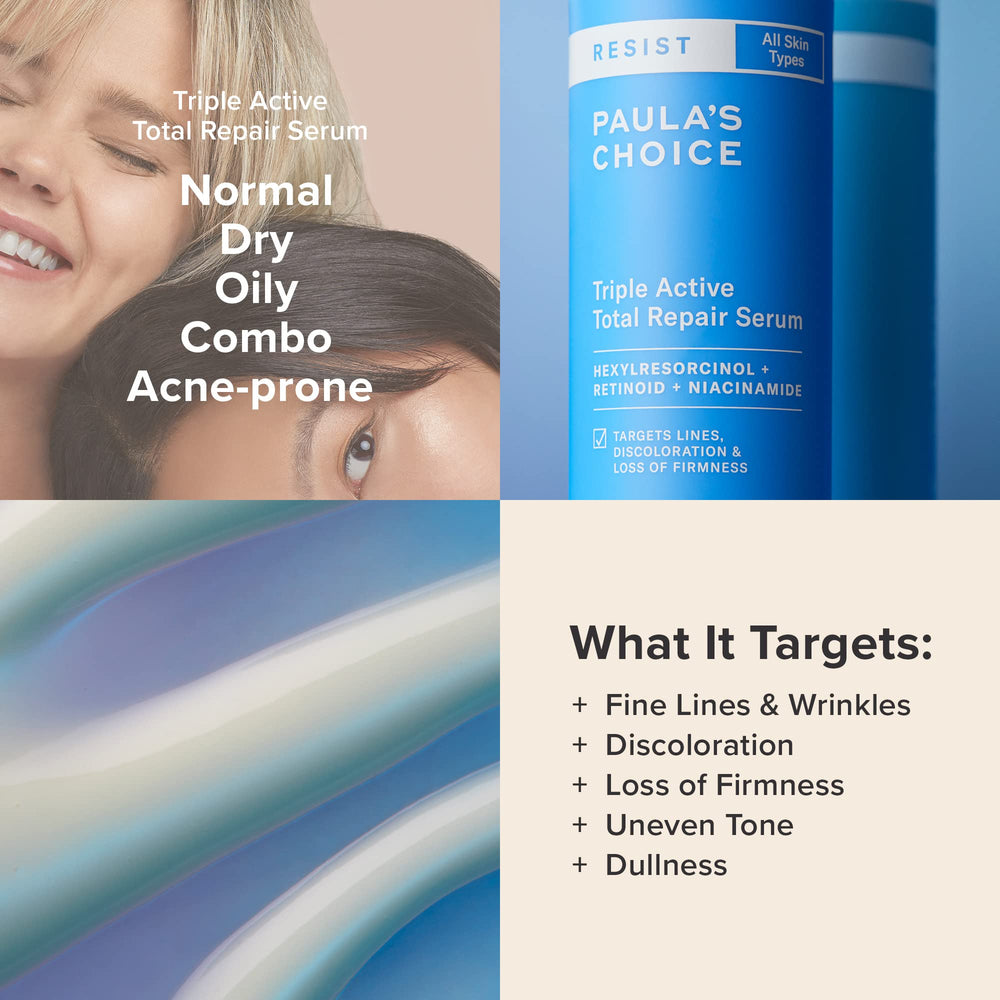 Routine anti-âge simple avec Paula's Choice Resist Total Repair, cible ridules et taches.