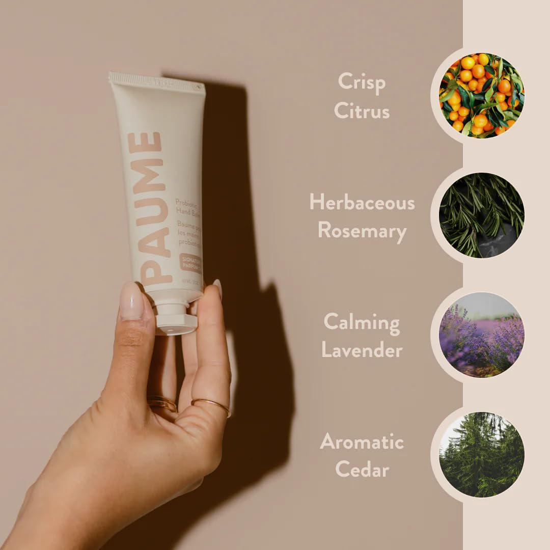 Ingrédients végétaux et probiotiques dans PAUME pour nourrir la peau après lavage.