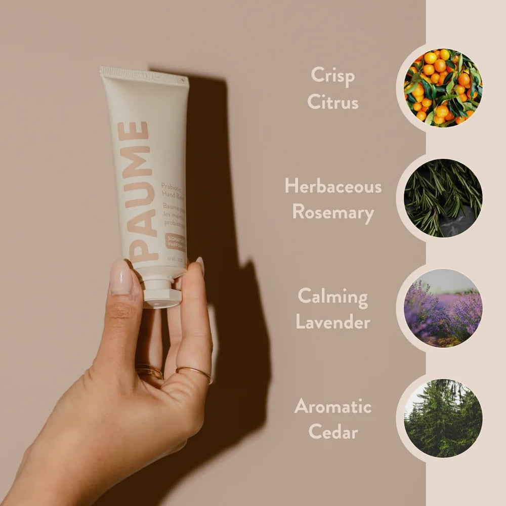 Ingrédients végétaux et probiotiques dans PAUME pour nourrir la peau après lavage.