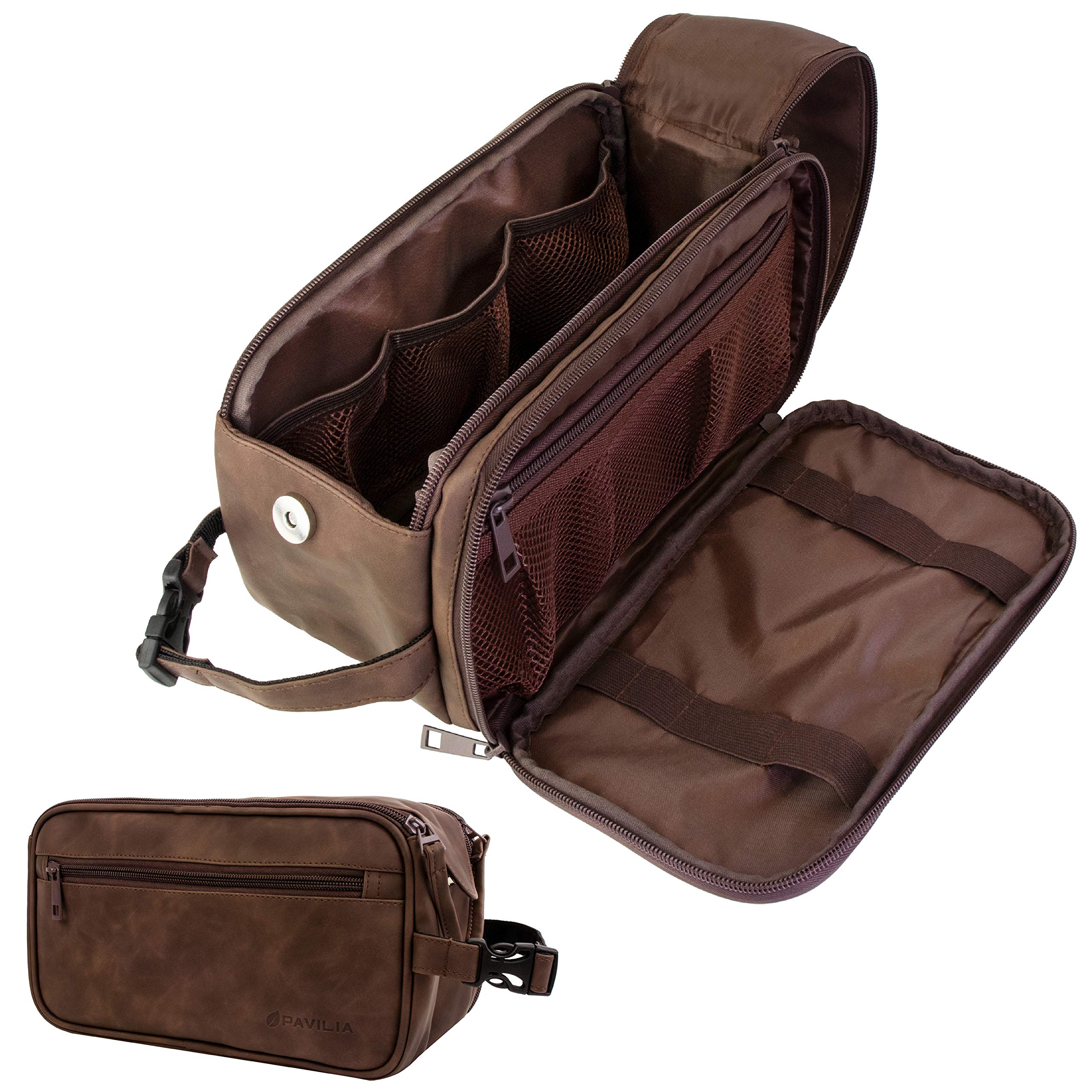 Trousse PAVILIA en cuir PU imperméable marron foncé, idéale en voyage et rangement pratique.