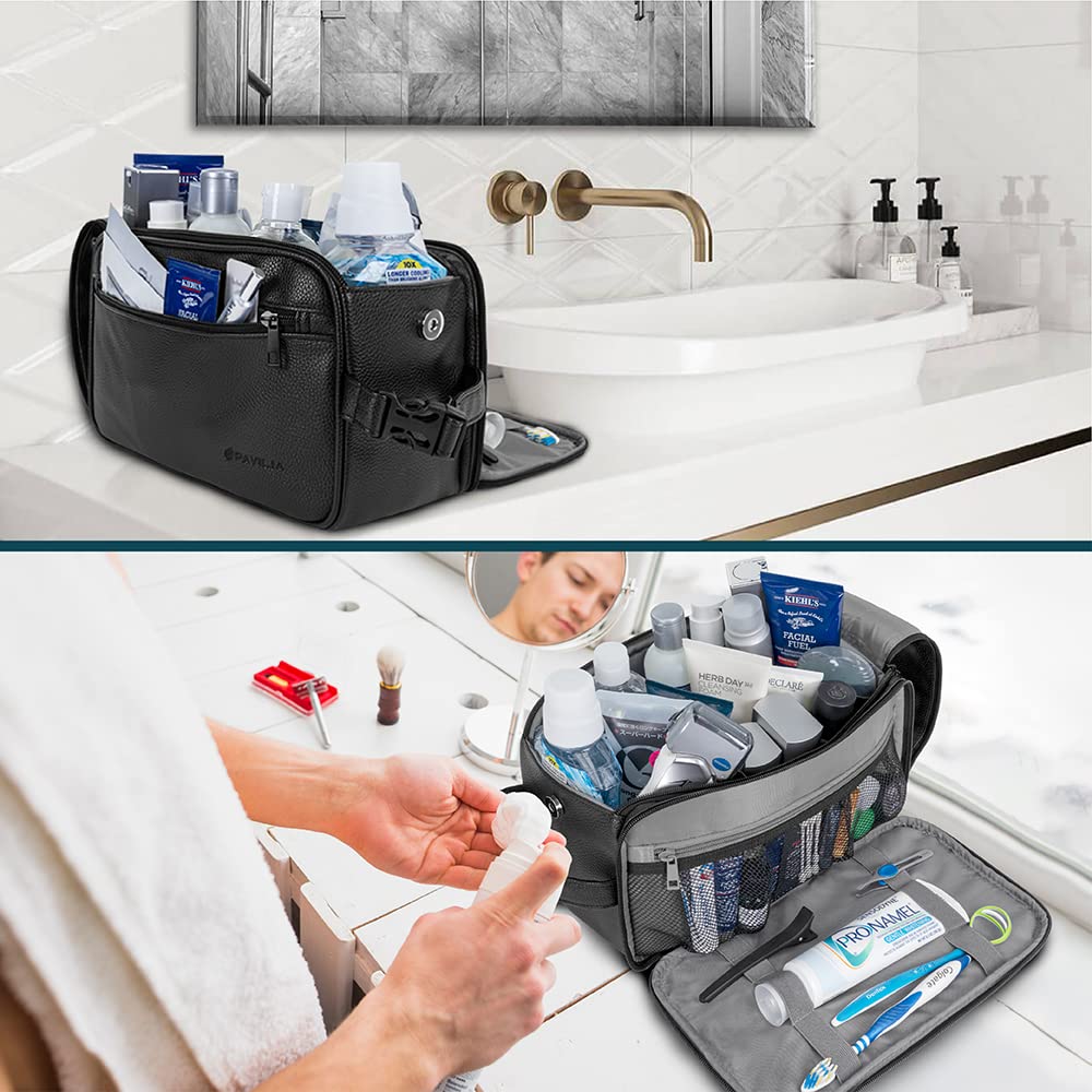 Trousse PAVILIA noir avec compartiments mesh séparant humide et sec.