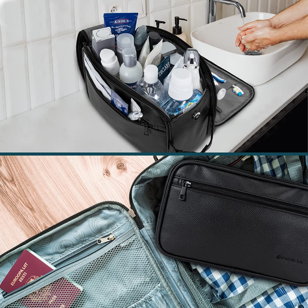 Trousse PAVILIA noir avec poignée et clip pour suspendre en voyage.