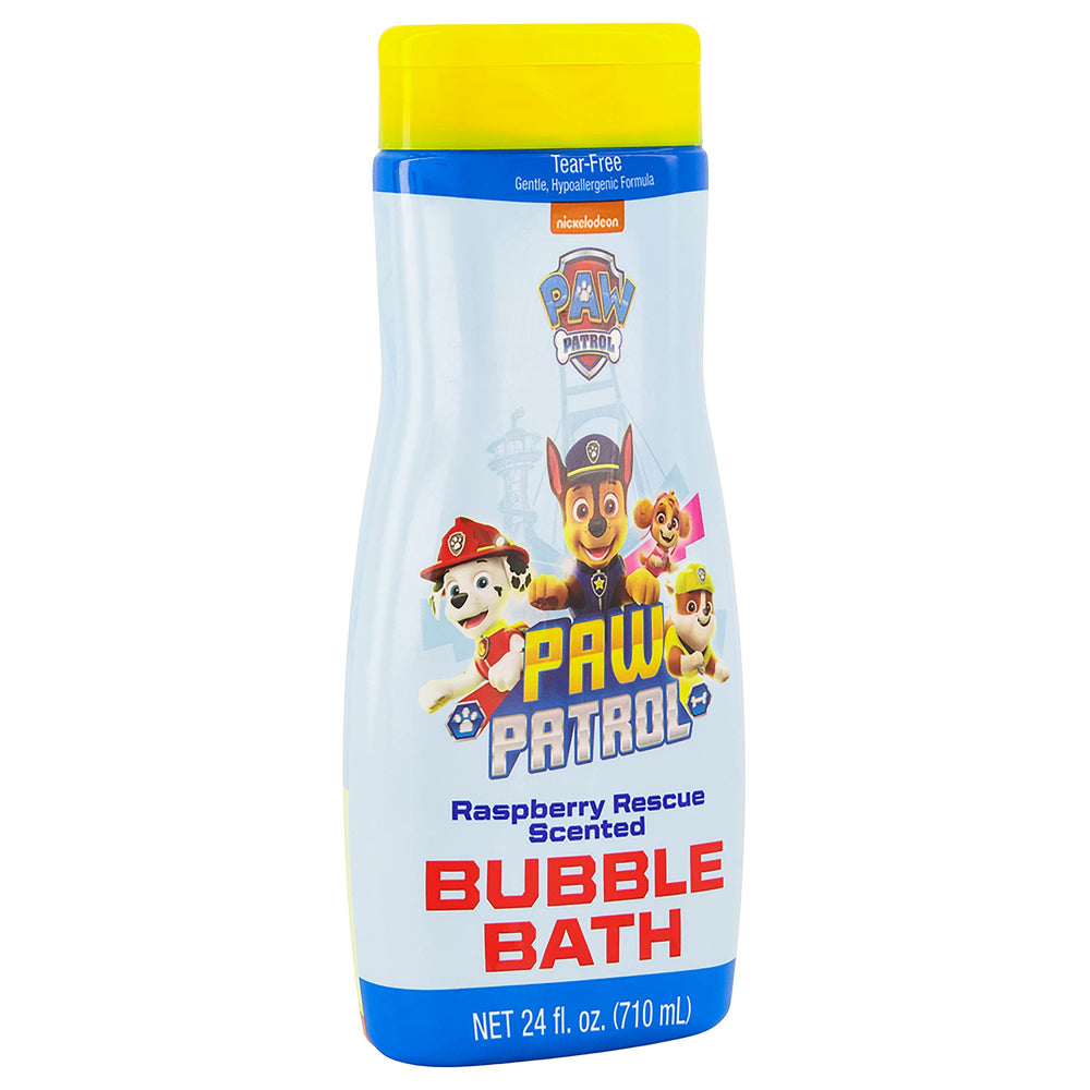 Étiquette et logo Paw Patrol visibles lors du bain