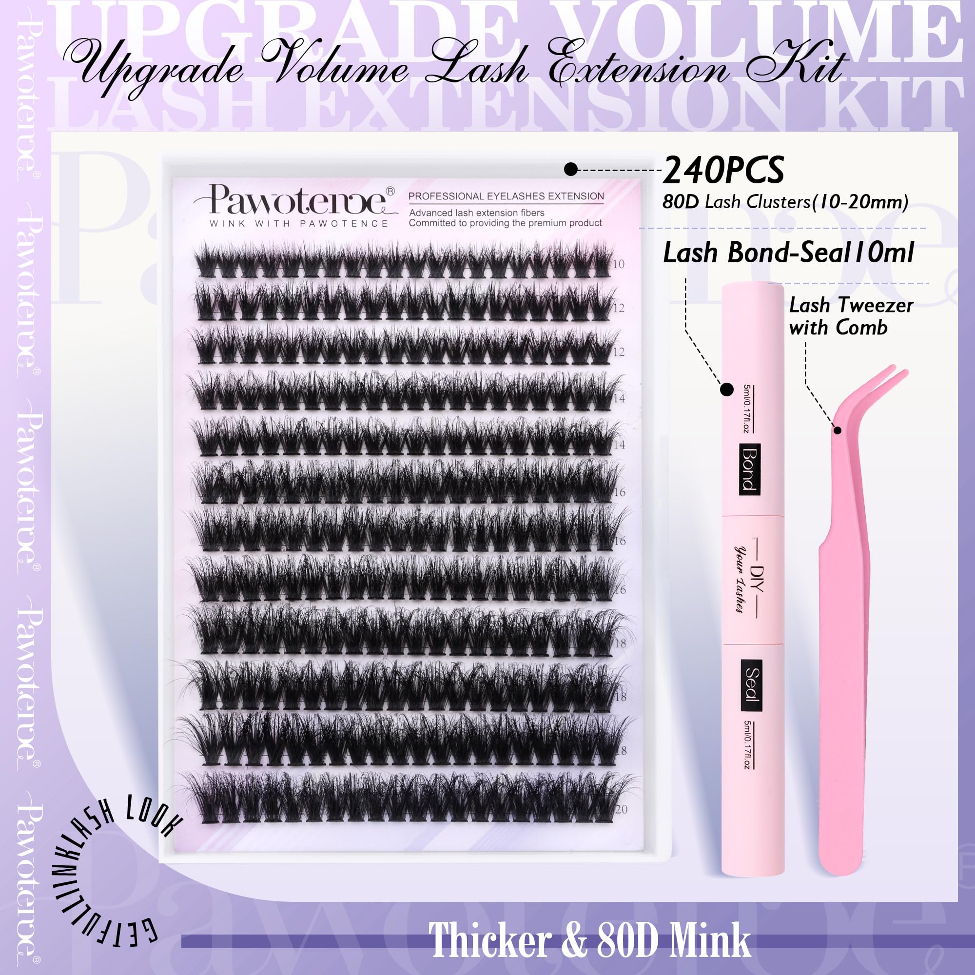 Pawotence clusters cils 80D Mink 10-20mm pour un maquillage naturel et volumineux.