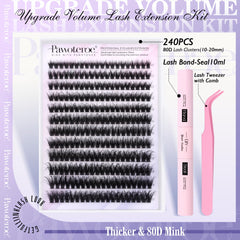 Pawotence clusters cils 80D Mink 10-20mm pour un maquillage naturel et volumineux.