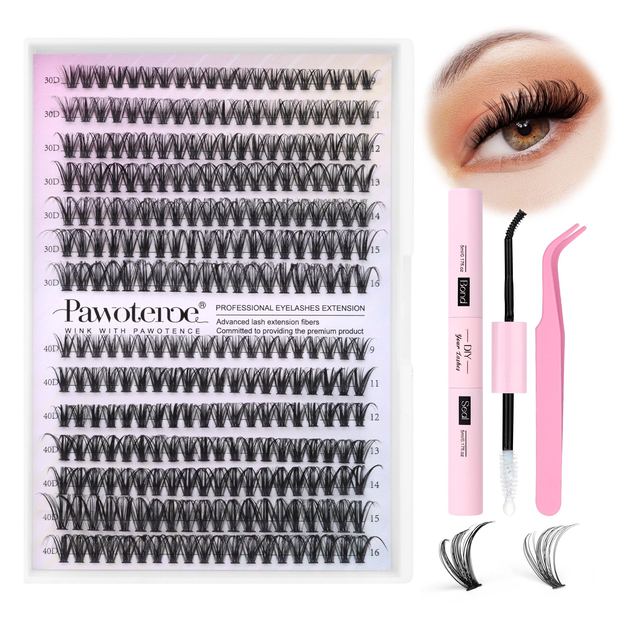 Pawotence kit extensions cils, contenu 280 clusters 9-16 mm, usage à domicile.