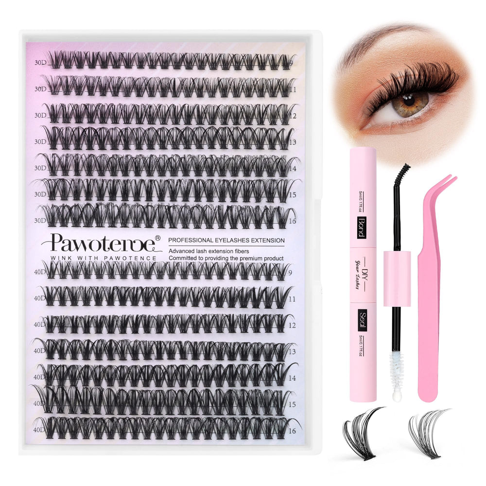 Pawotence kit extensions cils, contenu 280 clusters 9-16 mm, usage à domicile.