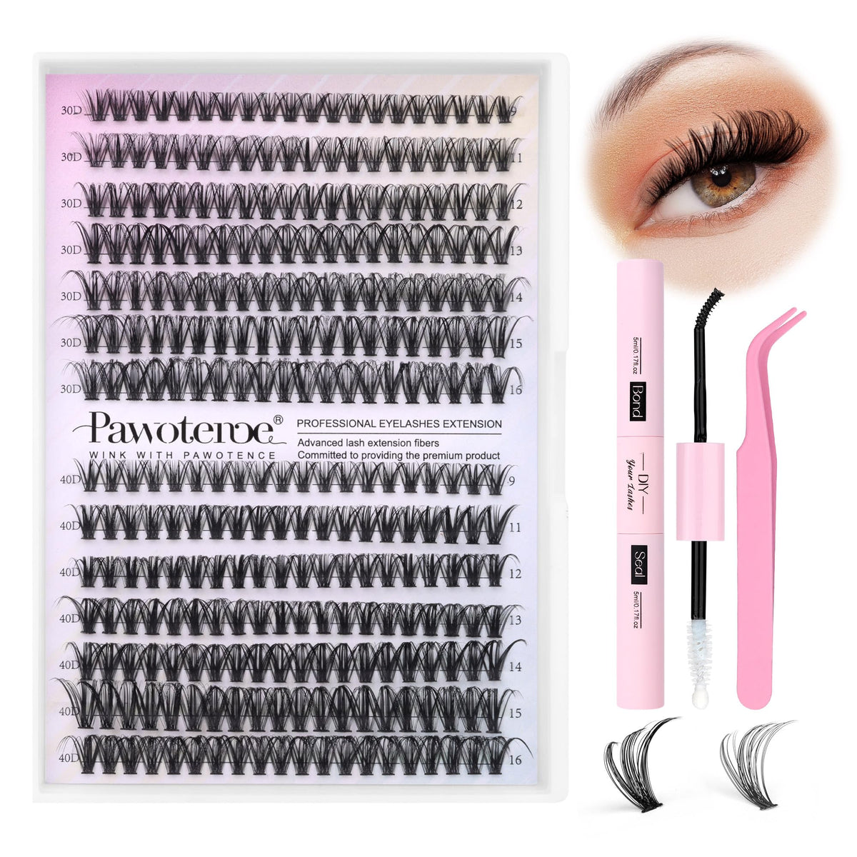 Pawotence kit extensions cils, contenu 280 clusters 9-16 mm, usage à domicile.