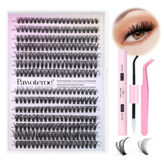 Pawotence kit extensions cils, contenu 280 clusters 9-16 mm, usage à domicile.